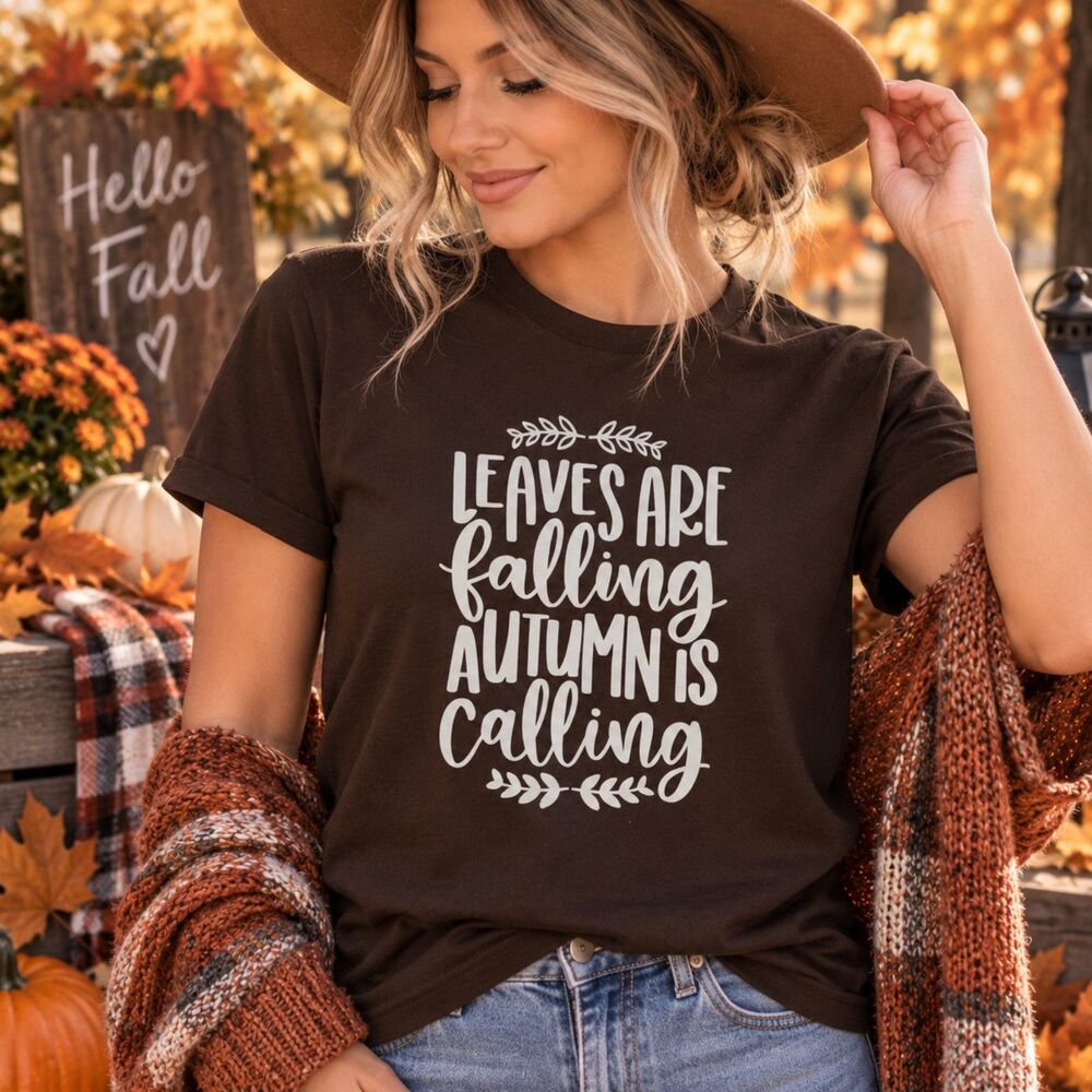 Allstyle Apparel Medium Brown Fall Graphic T-Shirt, Autumn Falling Leaves Tee